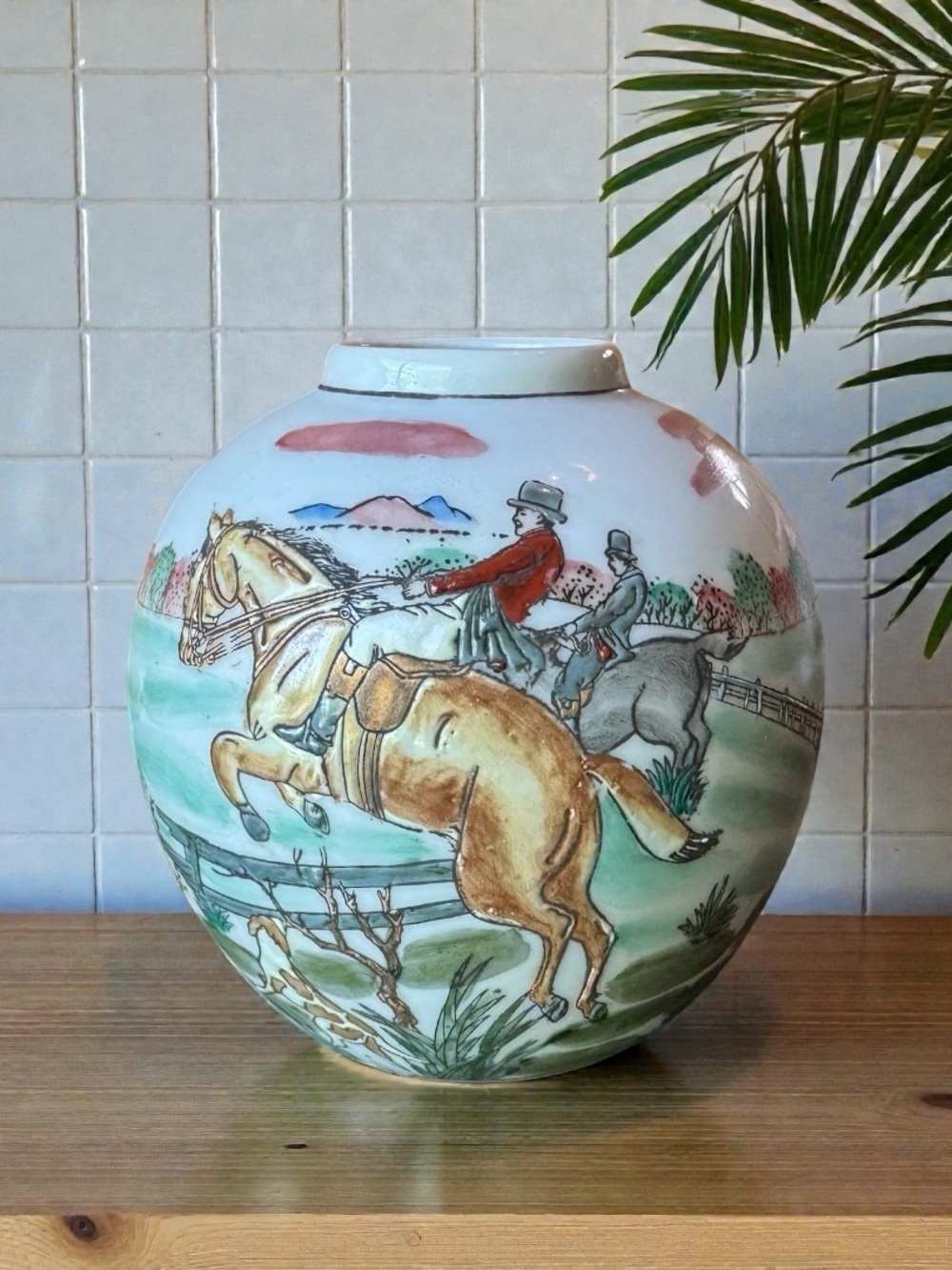 Vintage Hand Painted Equestrian Ceramic Vase Horse Riding Scene Decor